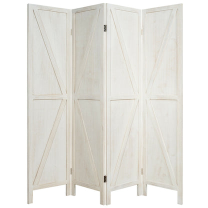 4-Panel Rustic Folding Wooden Room Divider with V-Shaped Design - White