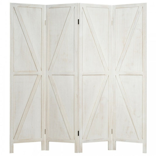 4-Panel Rustic Folding Wooden Room Divider with V-Shaped Design - White