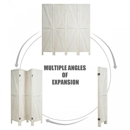 4-Panel Rustic Folding Wooden Room Divider with V-Shaped Design - White