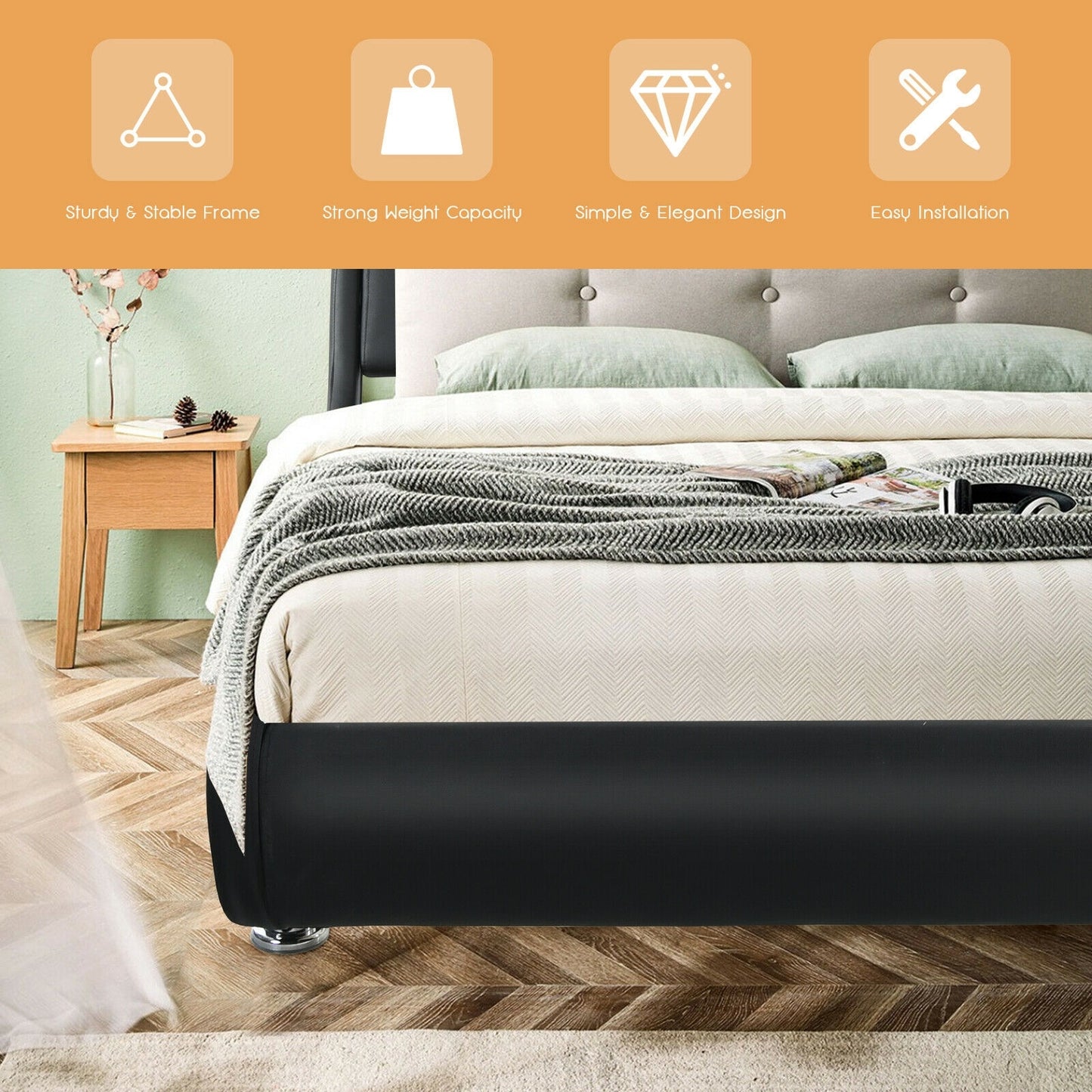Modern Full Size Upholstered Platform Bed with Adjustable PU Leather Headboard – Black