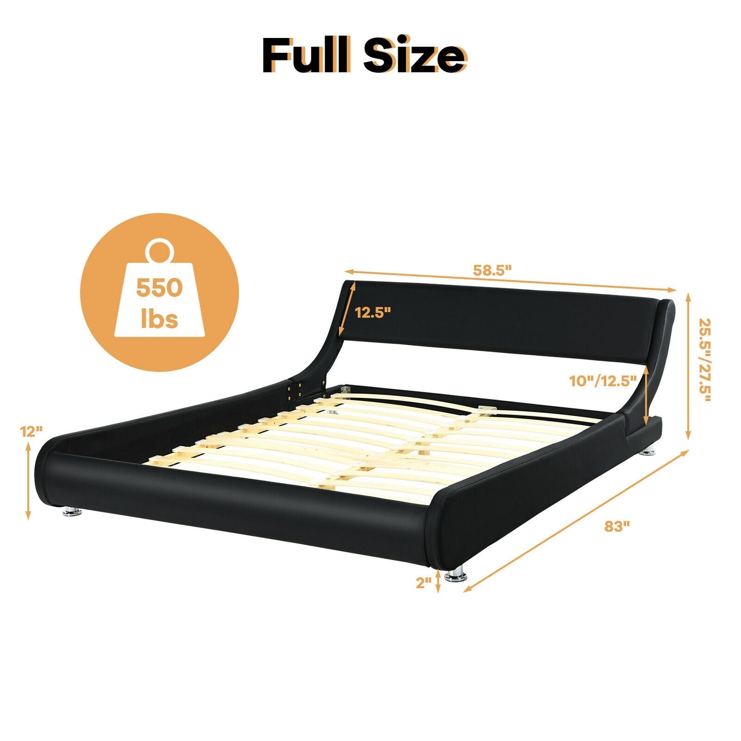 Modern Full Size Upholstered Platform Bed with Adjustable PU Leather Headboard – Black