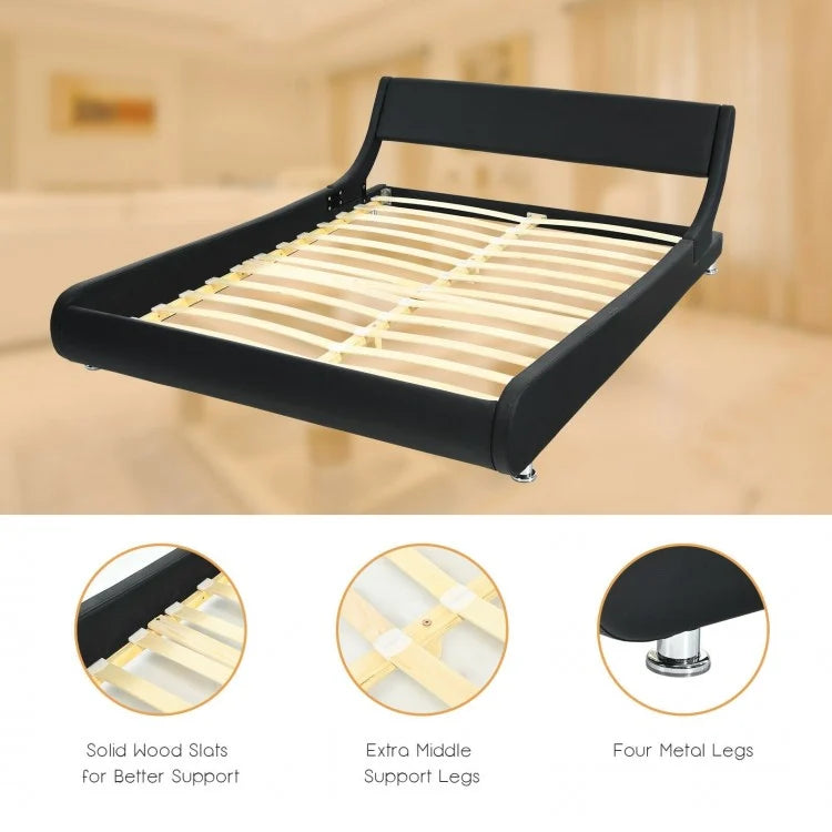 Modern Full Size Upholstered Platform Bed with Adjustable PU Leather Headboard – Black
