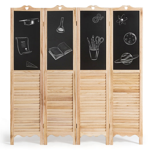 Premium 4-Panel Folding Room Divider with Writable Chalkboard and Louvered Design