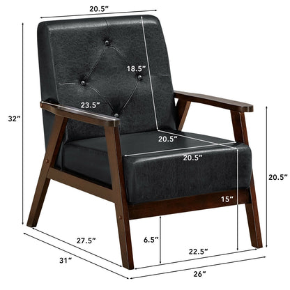 Mid-Century PU Leather Accent Armchair with Ergonomic Backrest and Solid Wood Armrests
