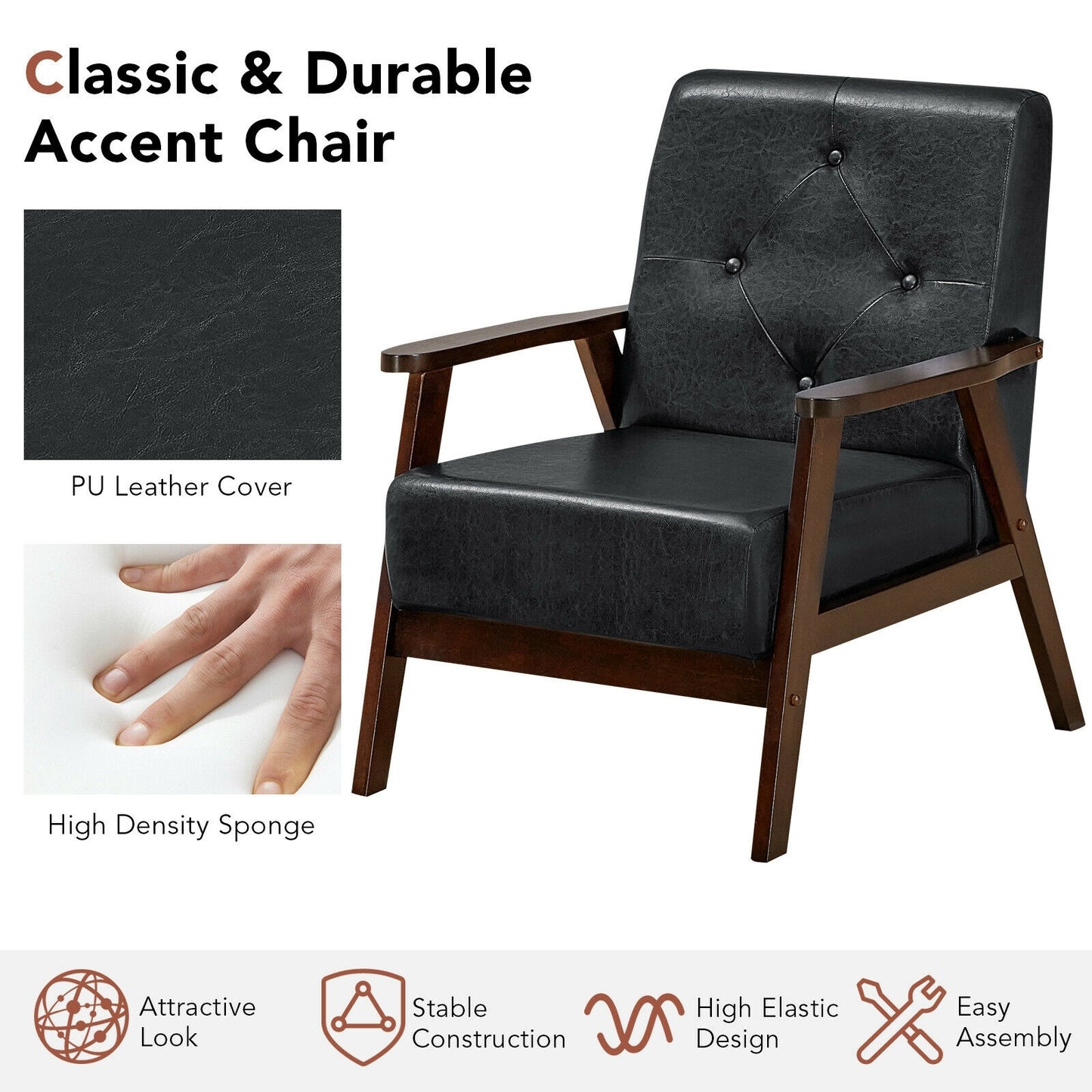 Mid-Century PU Leather Accent Armchair with Ergonomic Backrest and Solid Wood Armrests
