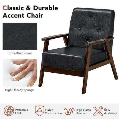 Mid-Century PU Leather Accent Armchair with Ergonomic Backrest and Solid Wood Armrests