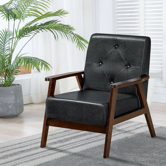 Mid-Century PU Leather Accent Armchair with Ergonomic Backrest and Solid Wood Armrests