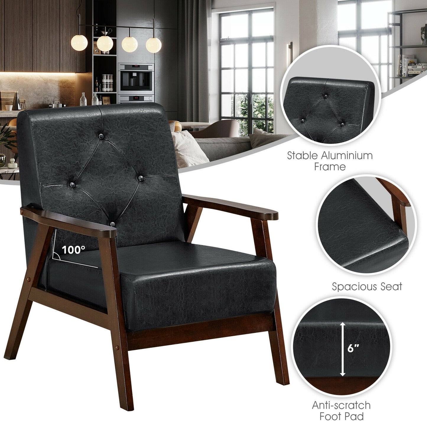 Mid-Century PU Leather Accent Armchair with Ergonomic Backrest and Solid Wood Armrests