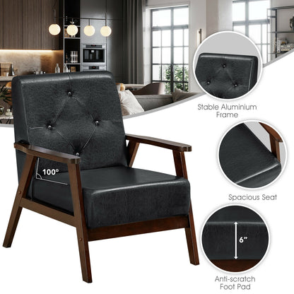 Mid-Century PU Leather Accent Armchair with Ergonomic Backrest and Solid Wood Armrests