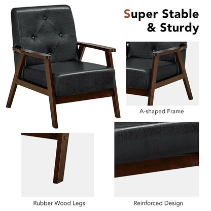 Mid-Century PU Leather Accent Armchair with Ergonomic Backrest and Solid Wood Armrests