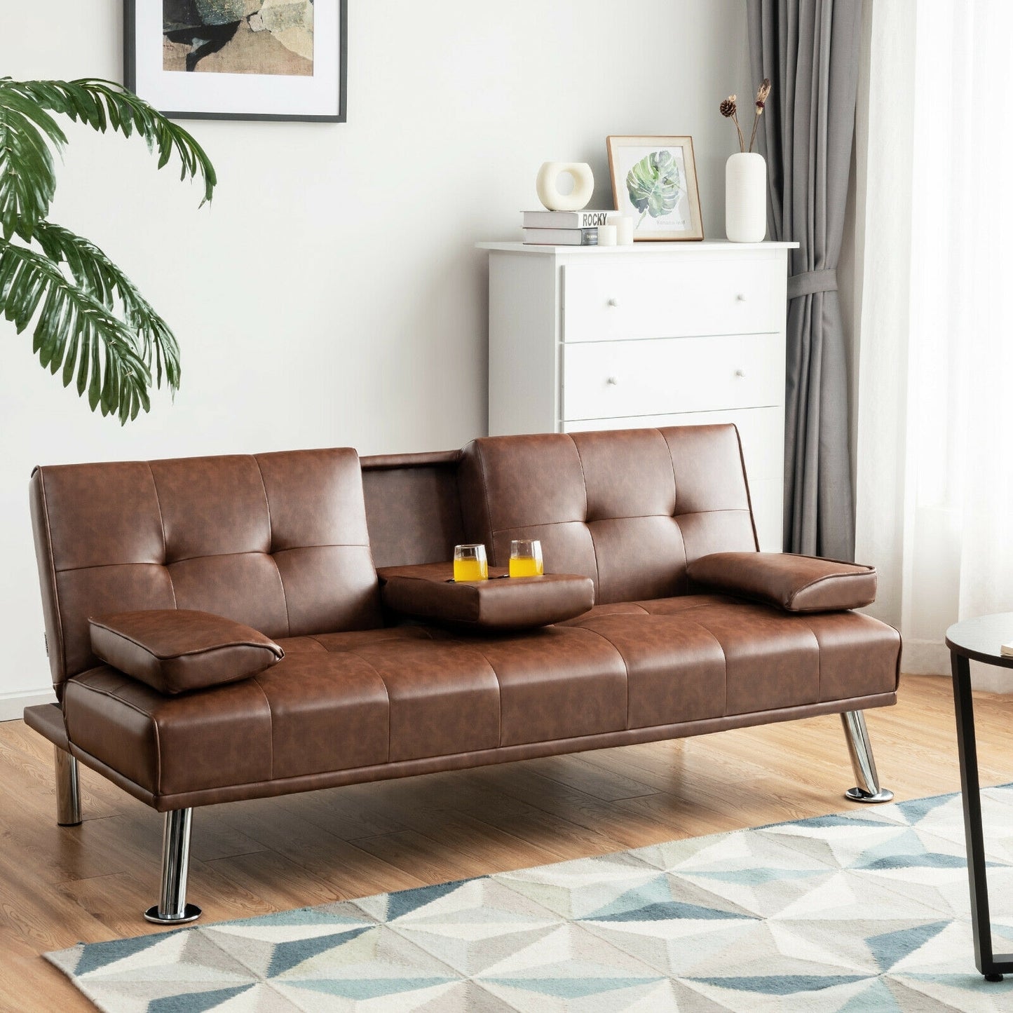 3-in-1 Convertible Leather Futon Sofa Bed with Cup Holders and Armrests – Brown