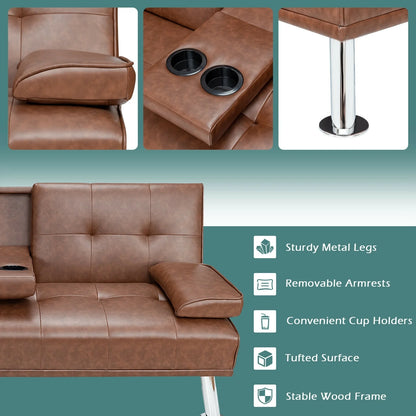 3-in-1 Convertible Leather Futon Sofa Bed with Cup Holders and Armrests – Brown