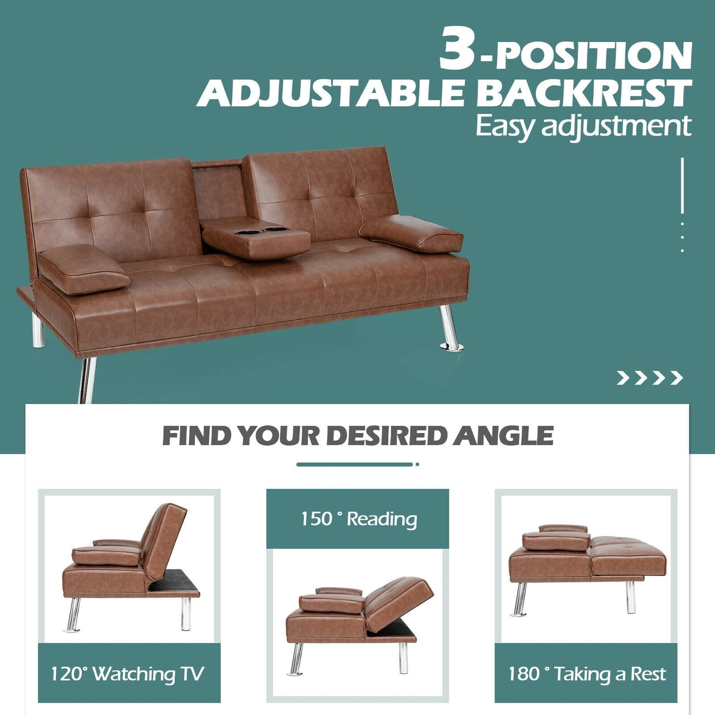 3-in-1 Convertible Leather Futon Sofa Bed with Cup Holders and Armrests – Brown