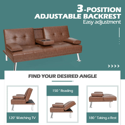 3-in-1 Convertible Leather Futon Sofa Bed with Cup Holders and Armrests – Brown