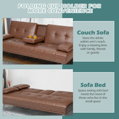 3-in-1 Convertible Leather Futon Sofa Bed with Cup Holders and Armrests – Brown