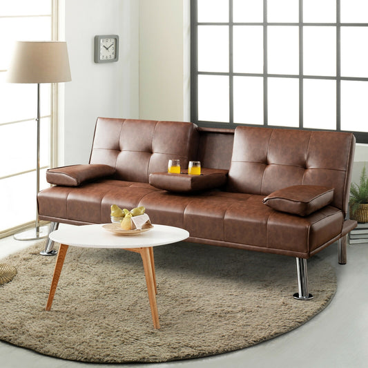3-in-1 Convertible Leather Futon Sofa Bed with Cup Holders and Armrests – Brown