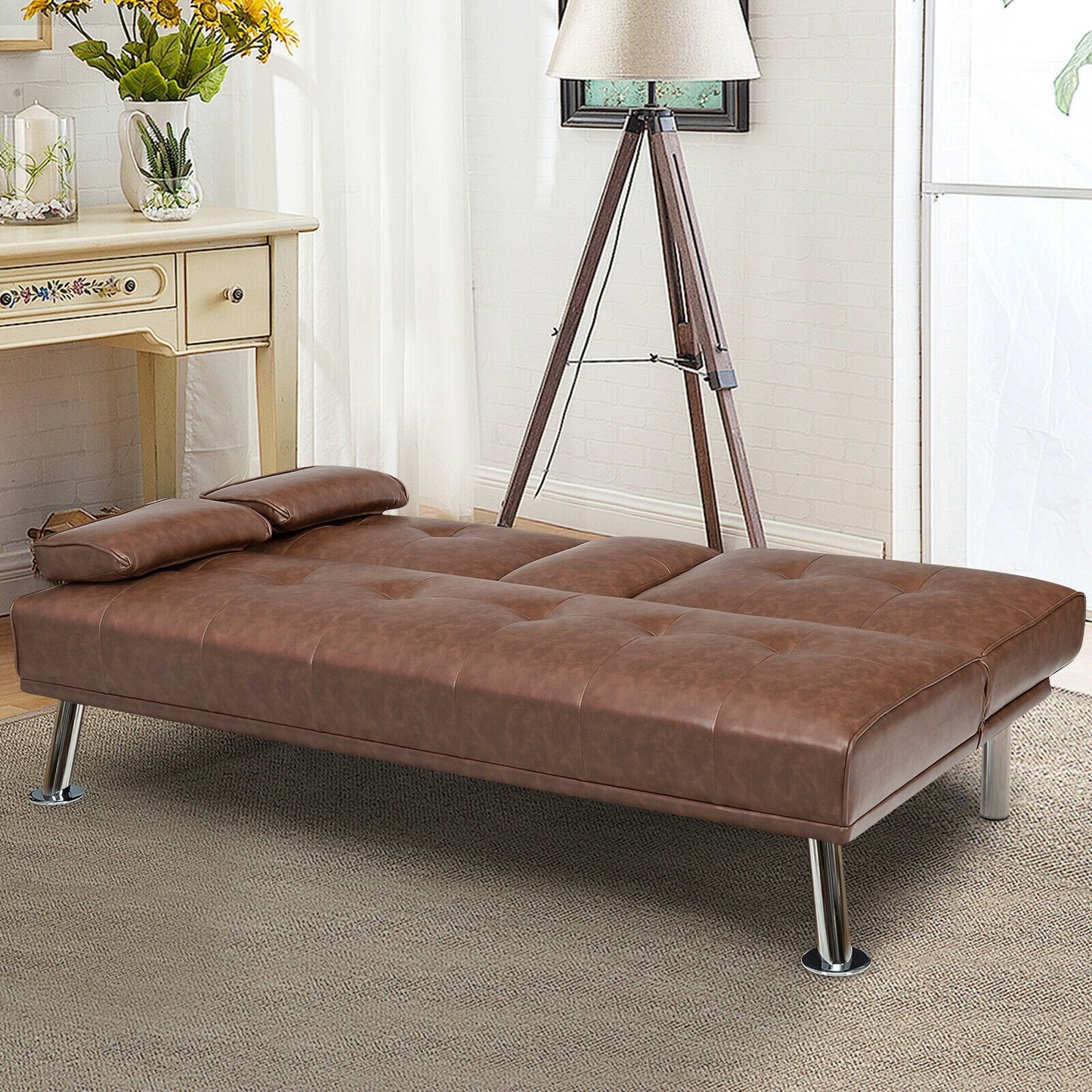 3-in-1 Convertible Leather Futon Sofa Bed with Cup Holders and Armrests – Brown