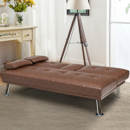 3-in-1 Convertible Leather Futon Sofa Bed with Cup Holders and Armrests – Brown