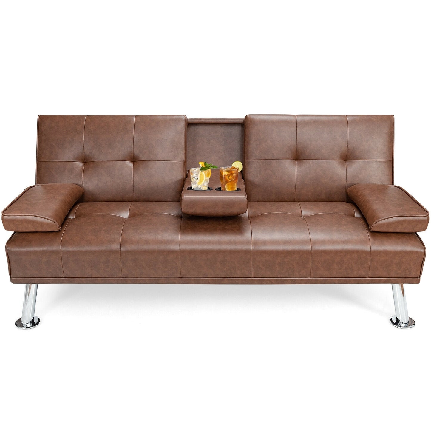 3-in-1 Convertible Leather Futon Sofa Bed with Cup Holders and Armrests – Brown