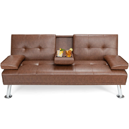 3-in-1 Convertible Leather Futon Sofa Bed with Cup Holders and Armrests – Brown