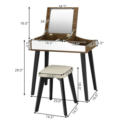 Space-Saving Vanity Table Set with Flip-Top Mirror, Storage and Padded Stool