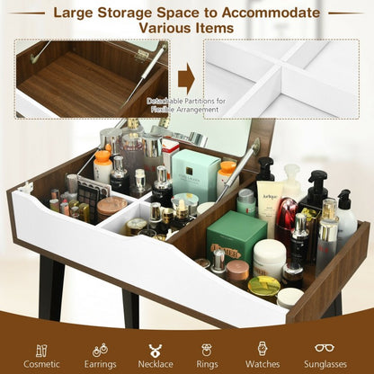 Space-Saving Vanity Table Set with Flip-Top Mirror, Storage and Padded Stool