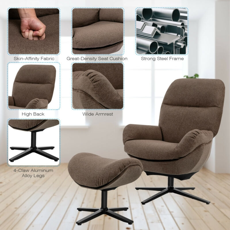 Modern Swivel Rocking Chair with Matching Ottoman and Upholstered Seat - Brown