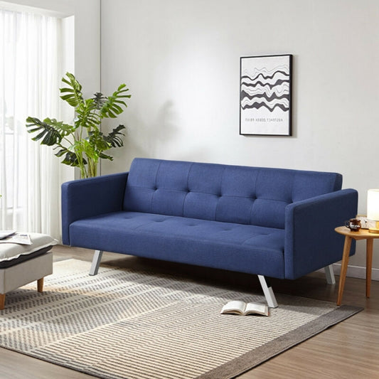 3 Seater Convertible Linen Futon Sofa Bed with Adjustable Backrest, USB Ports and Power Outlets, Blue
