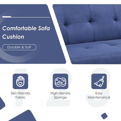 3 Seater Convertible Linen Futon Sofa Bed with Adjustable Backrest, USB Ports and Power Outlets, Blue