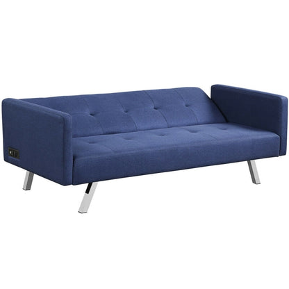3 Seater Convertible Linen Futon Sofa Bed with Adjustable Backrest, USB Ports and Power Outlets, Blue