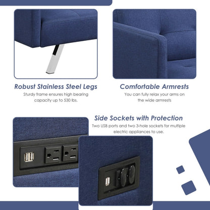 3 Seater Convertible Linen Futon Sofa Bed with Adjustable Backrest, USB Ports and Power Outlets, Blue