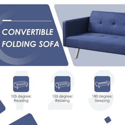 3 Seater Convertible Linen Futon Sofa Bed with Adjustable Backrest, USB Ports and Power Outlets, Blue