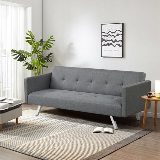 3 Seater Convertible Linen Futon Sofa Bed with Adjustable Backrest, USB Ports and Power Outlets, Grey