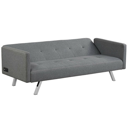 3 Seater Convertible Linen Futon Sofa Bed with Adjustable Backrest, USB Ports and Power Outlets, Grey