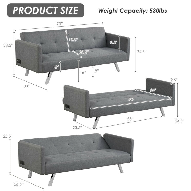 3 Seater Convertible Linen Futon Sofa Bed with Adjustable Backrest, USB Ports and Power Outlets, Grey