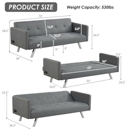 3 Seater Convertible Linen Futon Sofa Bed with Adjustable Backrest, USB Ports and Power Outlets, Grey
