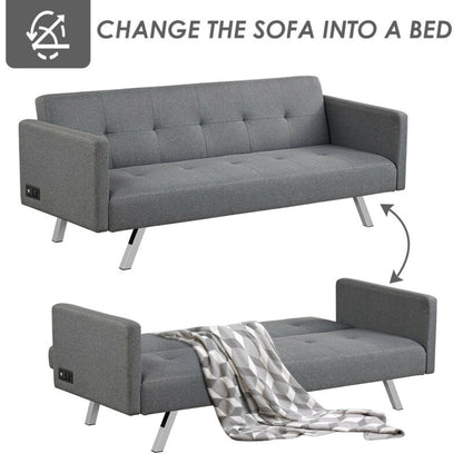 3 Seater Convertible Linen Futon Sofa Bed with Adjustable Backrest, USB Ports and Power Outlets, Grey