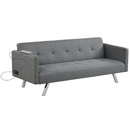 3 Seater Convertible Linen Futon Sofa Bed with Adjustable Backrest, USB Ports and Power Outlets, Grey
