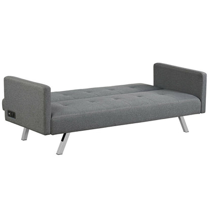 3 Seater Convertible Linen Futon Sofa Bed with Adjustable Backrest, USB Ports and Power Outlets, Grey
