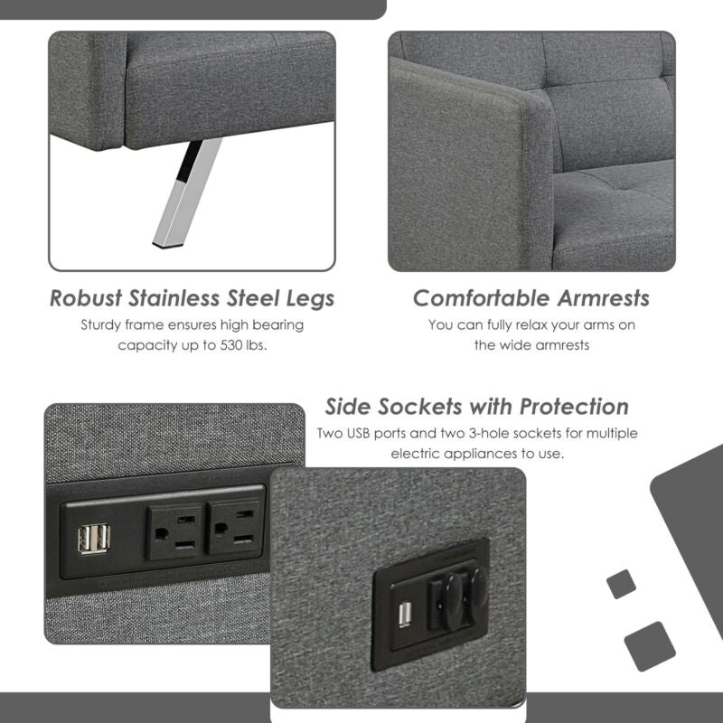 3 Seater Convertible Linen Futon Sofa Bed with Adjustable Backrest, USB Ports and Power Outlets, Grey