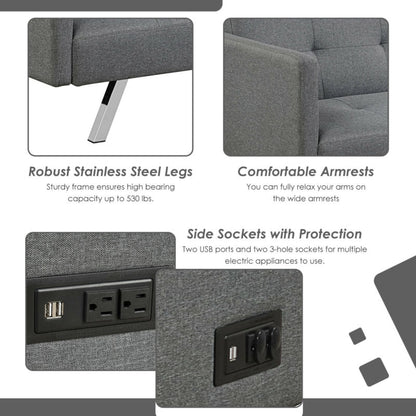 3 Seater Convertible Linen Futon Sofa Bed with Adjustable Backrest, USB Ports and Power Outlets, Grey