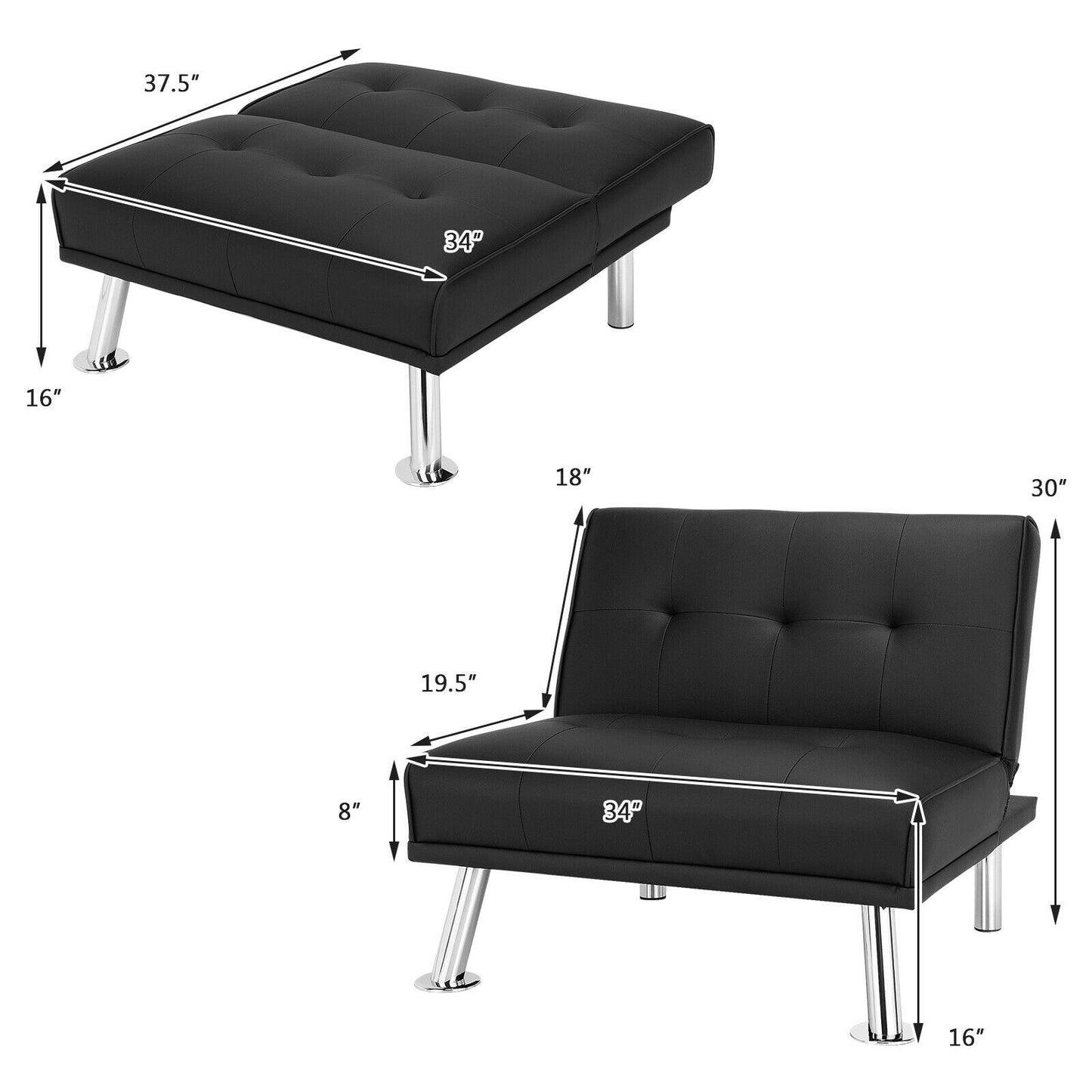 Adjustable PU Leather Single Sofa Chair with Folding Backrest and Metal Legs, Black