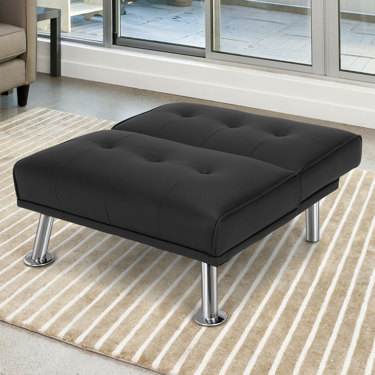 Adjustable PU Leather Single Sofa Chair with Folding Backrest and Metal Legs, Black