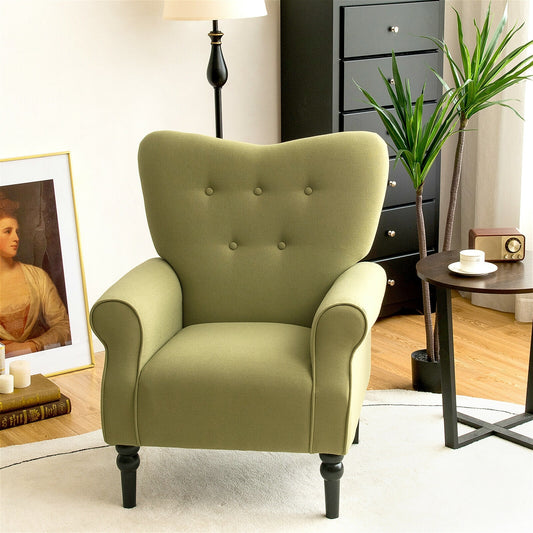 Elegant Tufted Back Armchair with Rubber Wood Legs and Cushioned Seat - Green