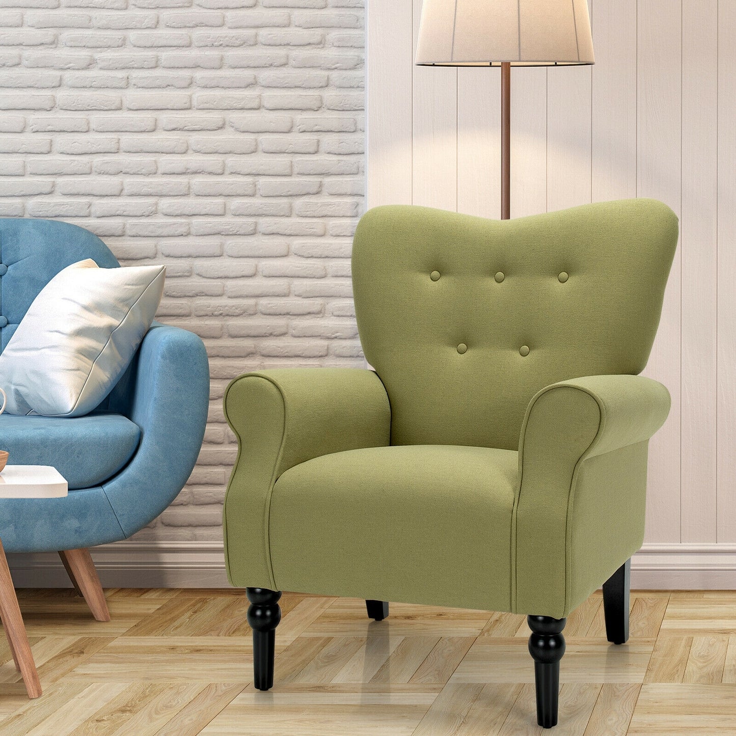 Elegant Tufted Back Armchair with Rubber Wood Legs and Cushioned Seat - Green