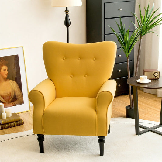 Elegant Tufted Back Armchair with Rubber Wood Legs and Cushioned Seat - Yellow