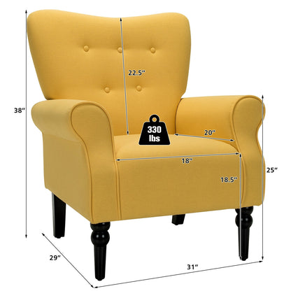 Elegant Tufted Back Armchair with Rubber Wood Legs and Cushioned Seat - Yellow