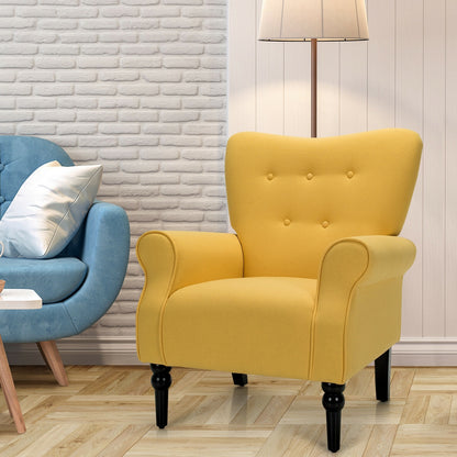 Elegant Tufted Back Armchair with Rubber Wood Legs and Cushioned Seat - Yellow
