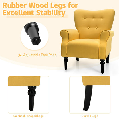 Elegant Tufted Back Armchair with Rubber Wood Legs and Cushioned Seat - Yellow