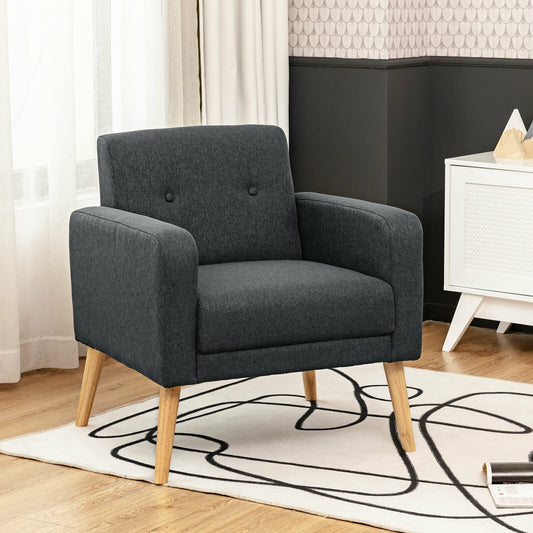 Modern Linen Upholstered Accent Chair with Ergonomic Backrest and Solid Rubber Wood Legs